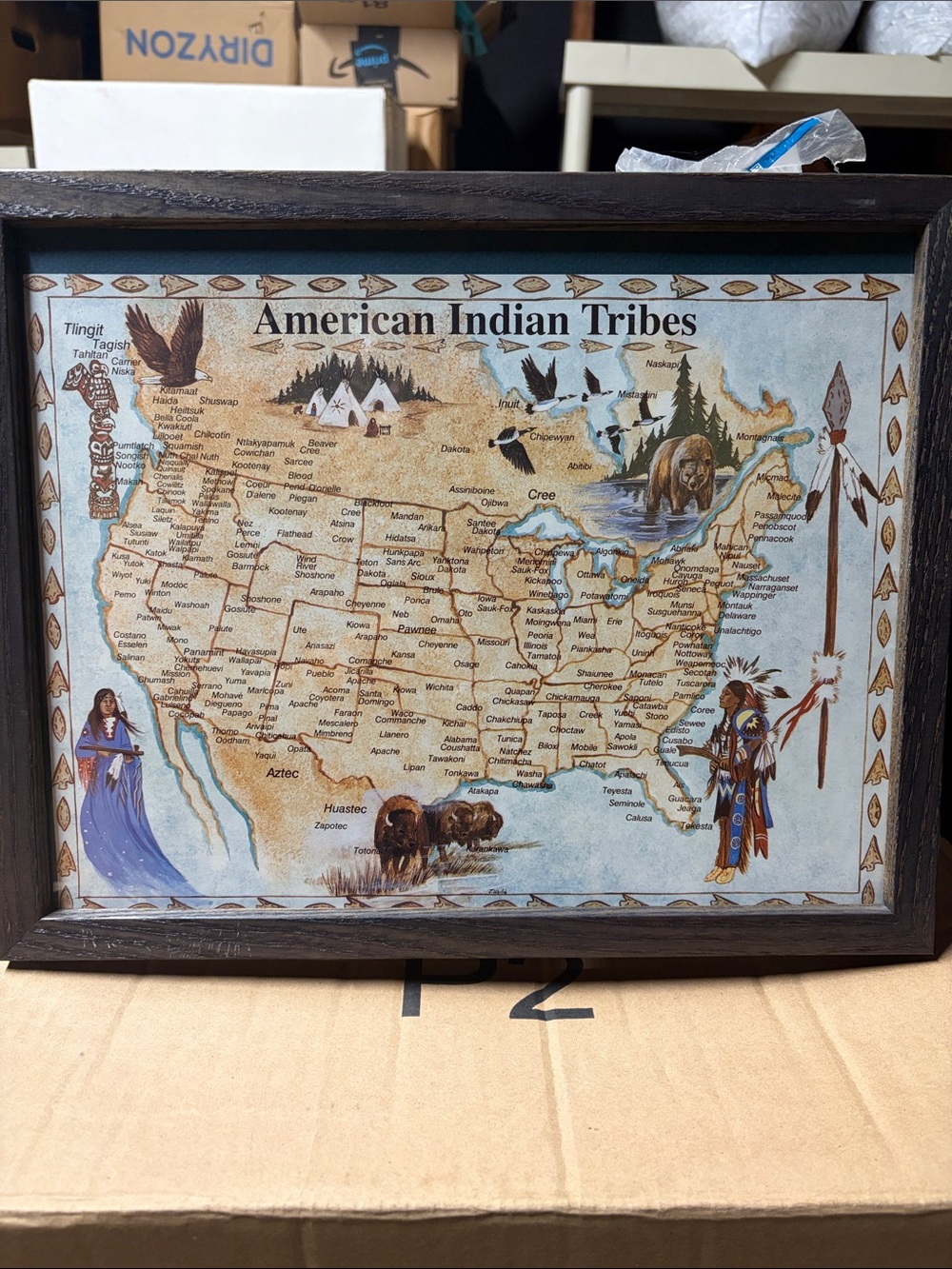 Framed Vintage-Style American Indian Tribes Map Wall Art - Blue/Tan